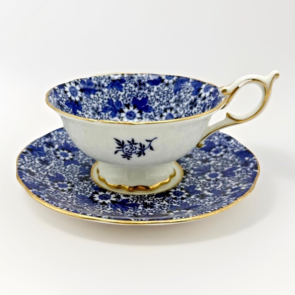 Coalport England Hong Kong Blue Chintz Teacup & Saucer Gold Gilt Trim